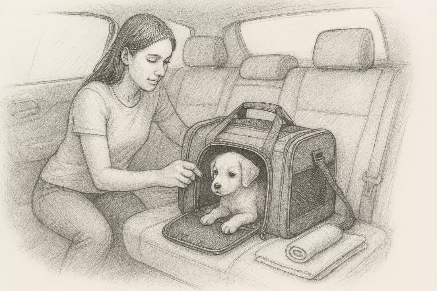 Family securing puppy carrier in Arizona SUV
