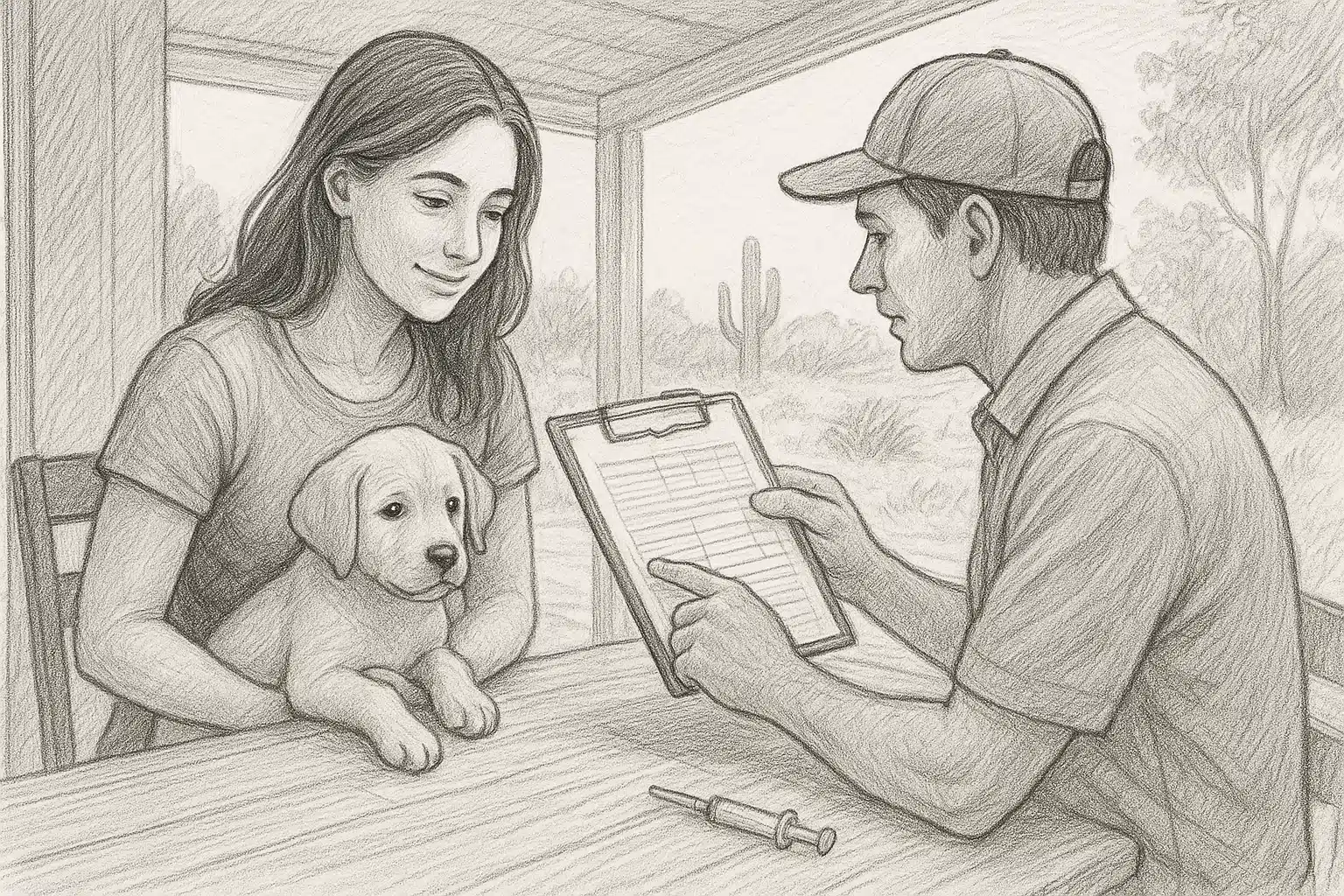 Breeder and buyer reviewing puppy health records
