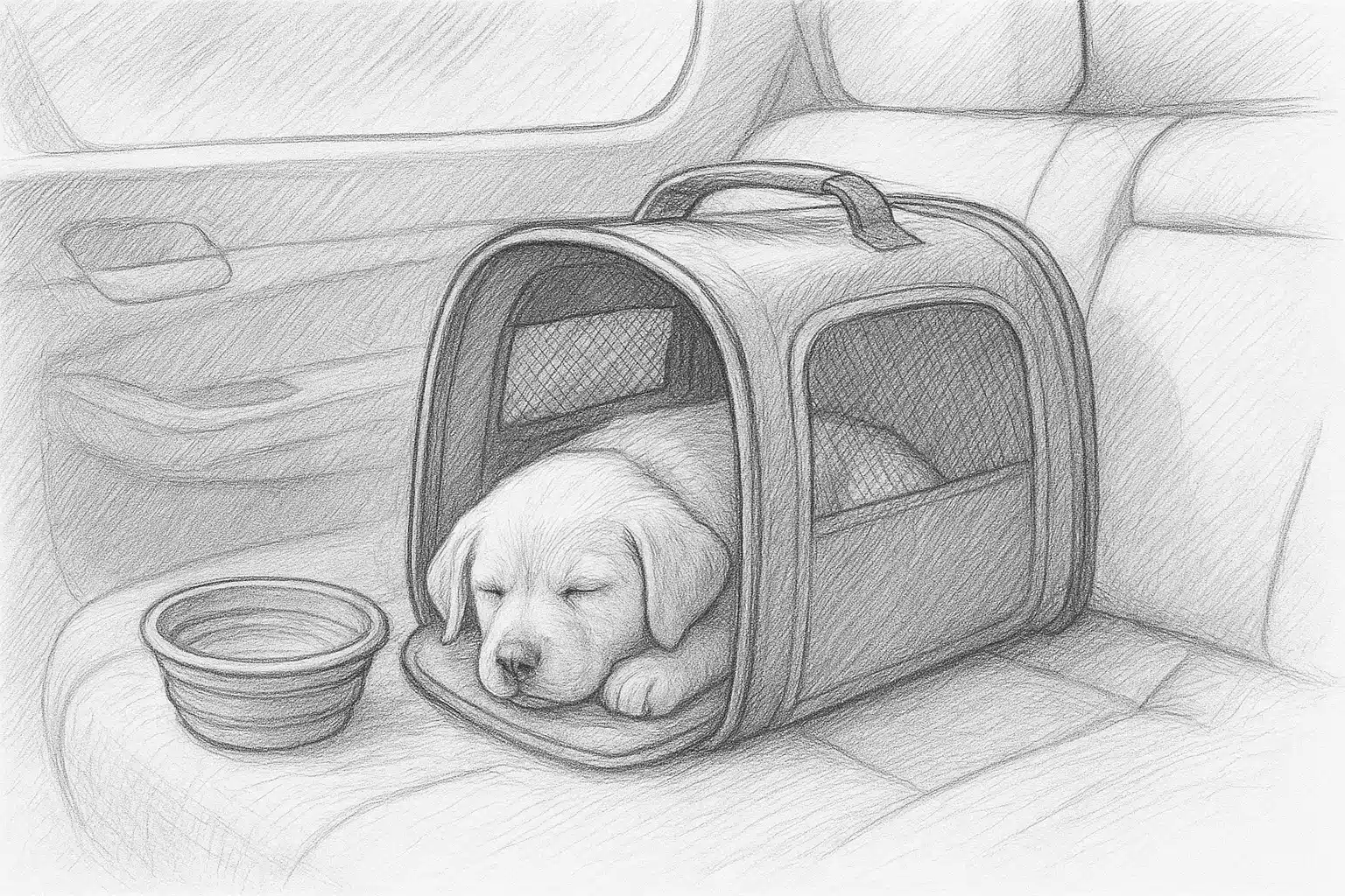 Shaded puppy carrier with water bowl in car