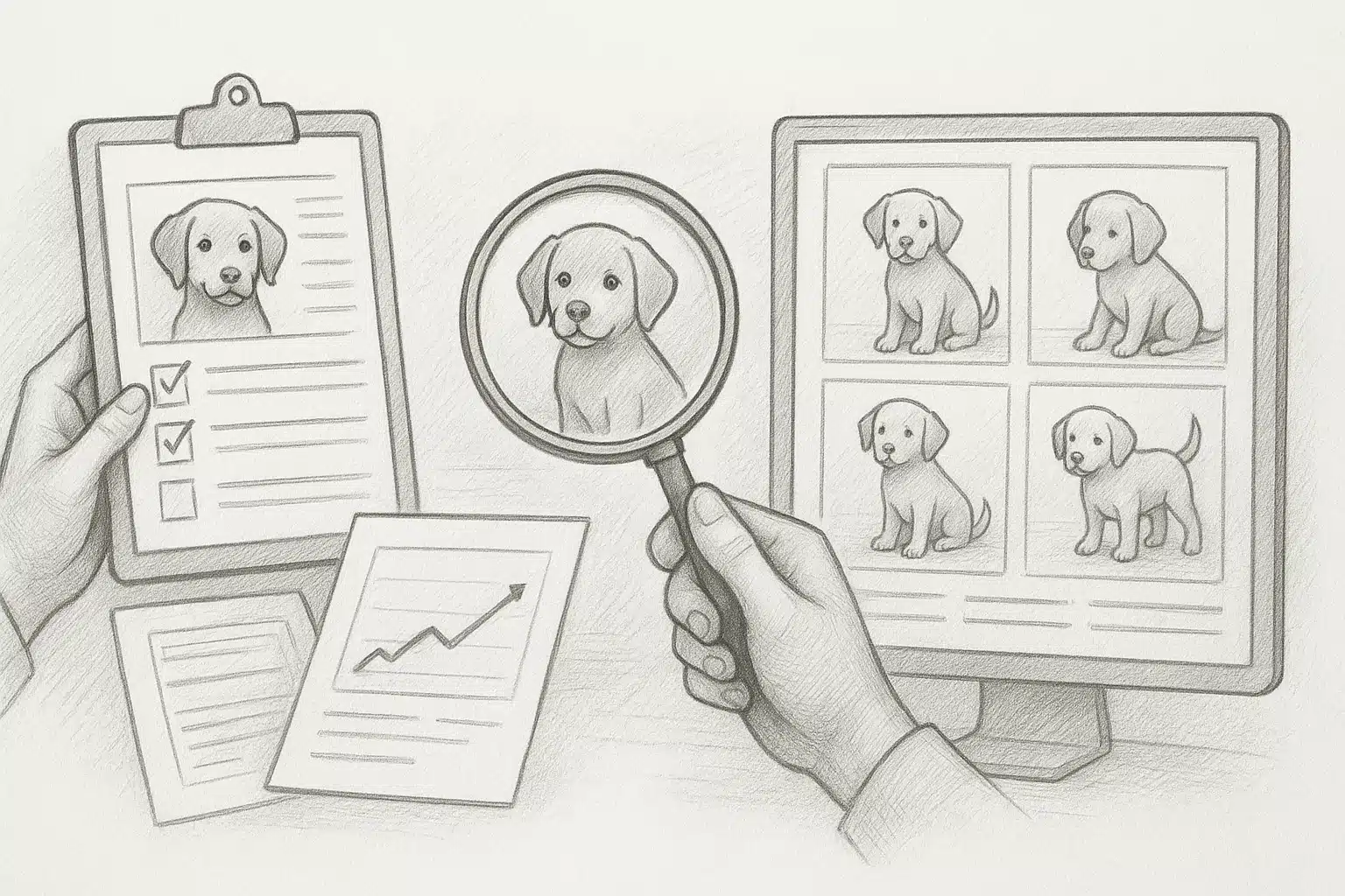 Pencil sketch of structured puppy profile records