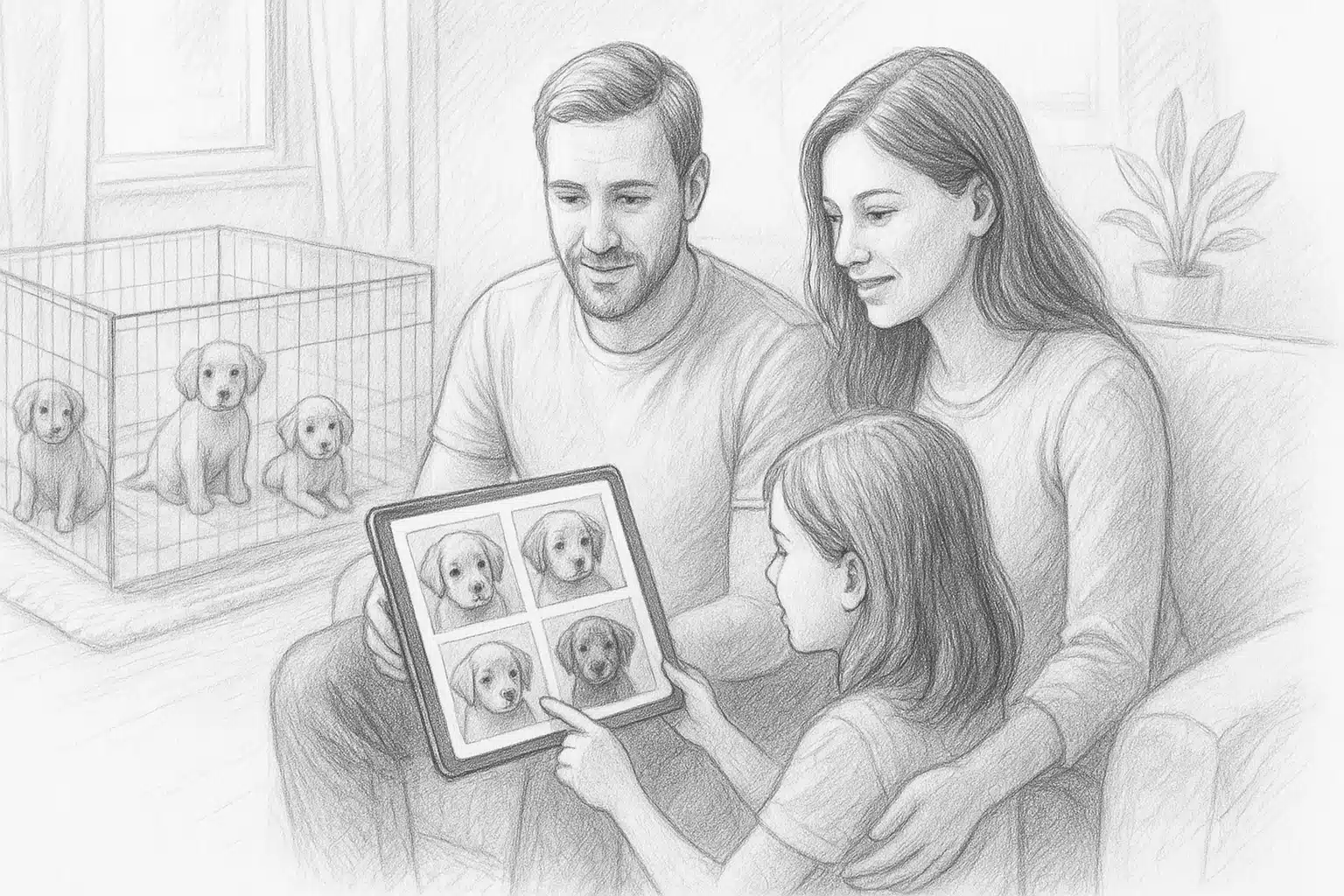Family reviewing puppy photos beside play area