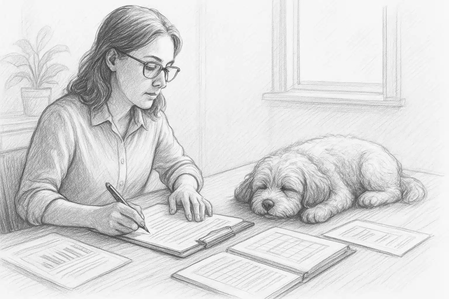 Breeder organizing vaccination records beside sleeping Cavapoo