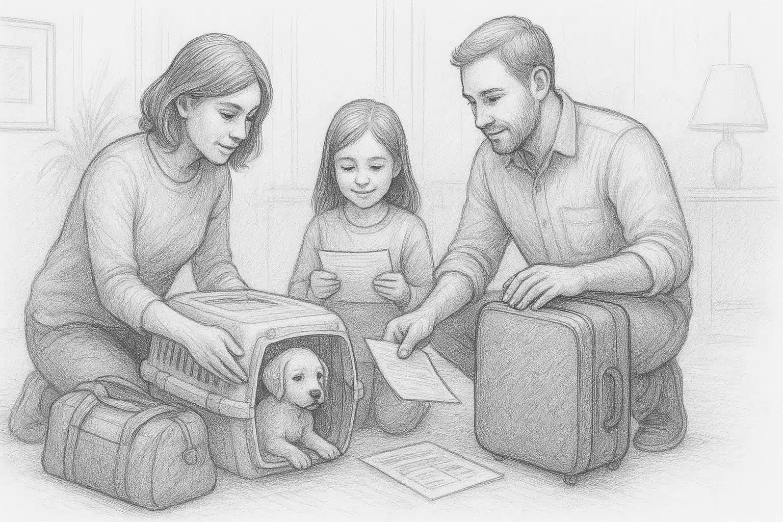 Maryland family packing puppy carrier beside travel itinerary