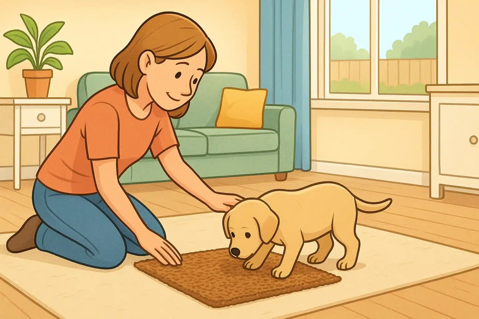 A woman kneels on a rug, gently petting a golden retriever puppy. The scene is a cozy living room with a green sofa and a plant, illustrating early puppy socialization.