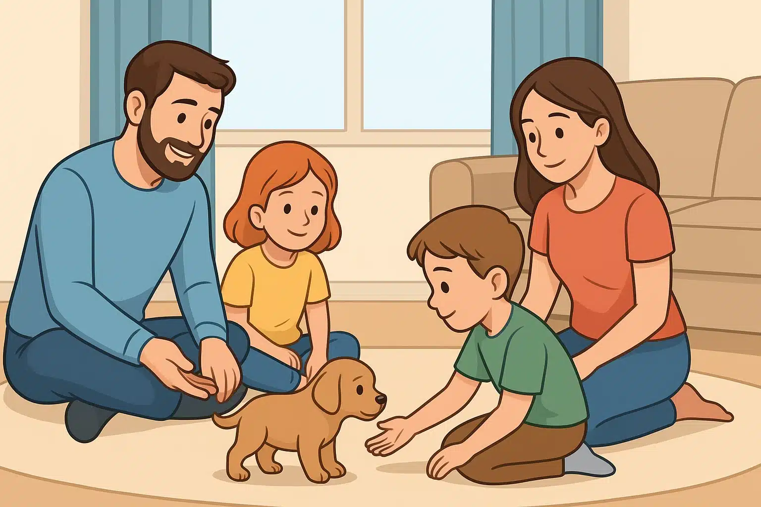 A calm family welcoming a small puppy indoors