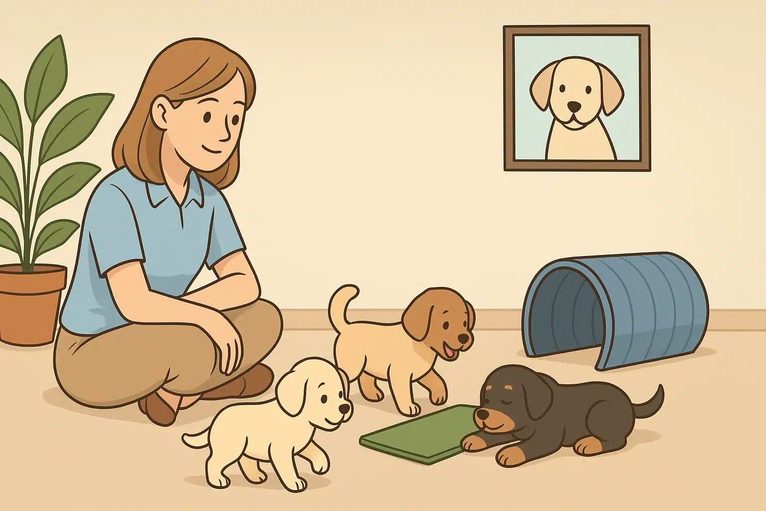 A caregiver sits calmly beside puppies exploring an indoor obstacle course