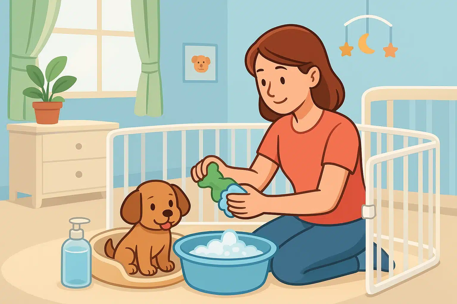 A caregiver sanitizing toys beside a puppy playpen