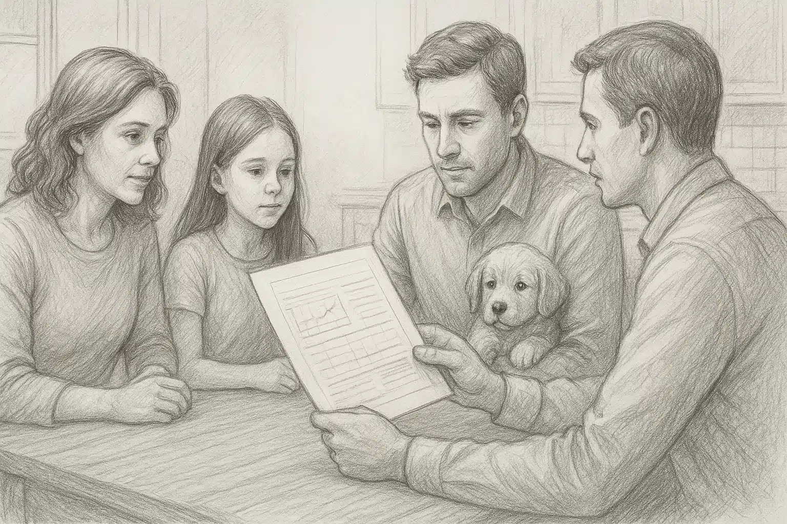 Family reviewing puppy health records with breeder