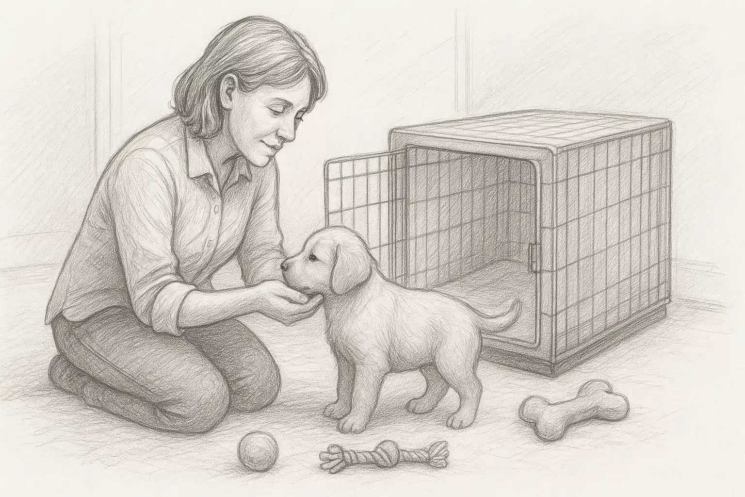 A breeder introduces a puppy to its crate and toys