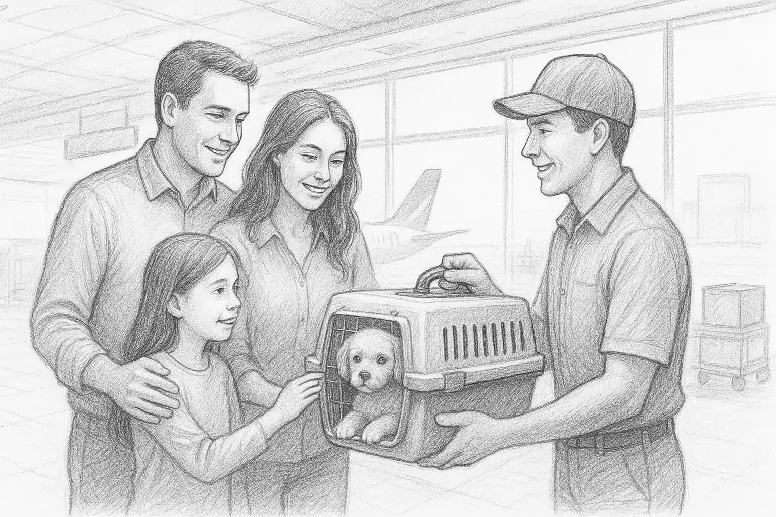 Family greeting puppy carrier at airport arrivals
