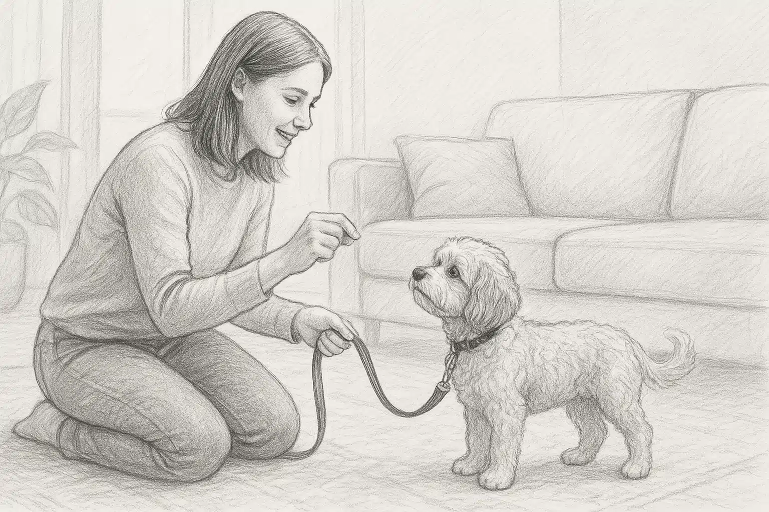 Pencil sketch of parent rewarding Cavapoo puppy