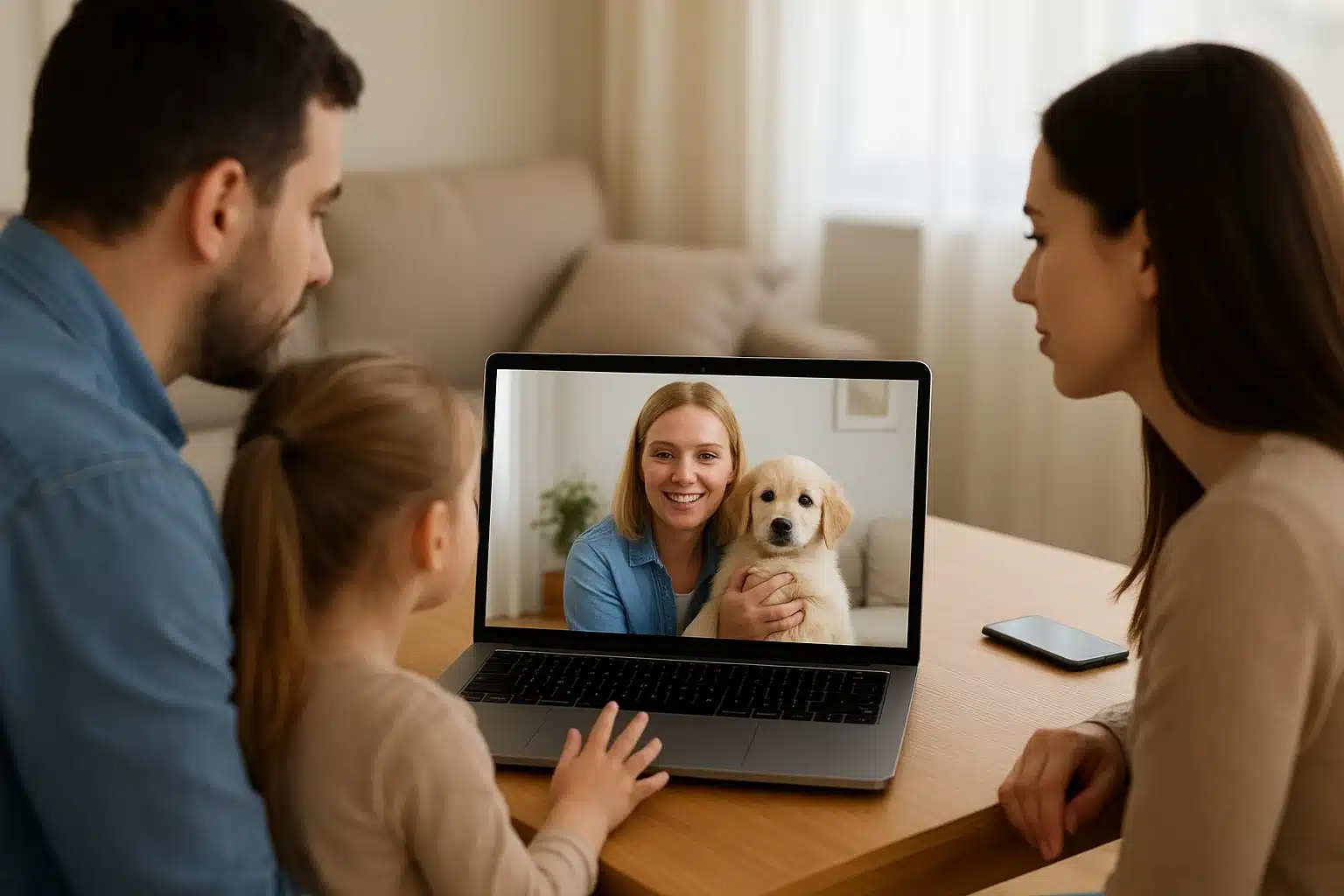 A family video calls a breeder with a puppy