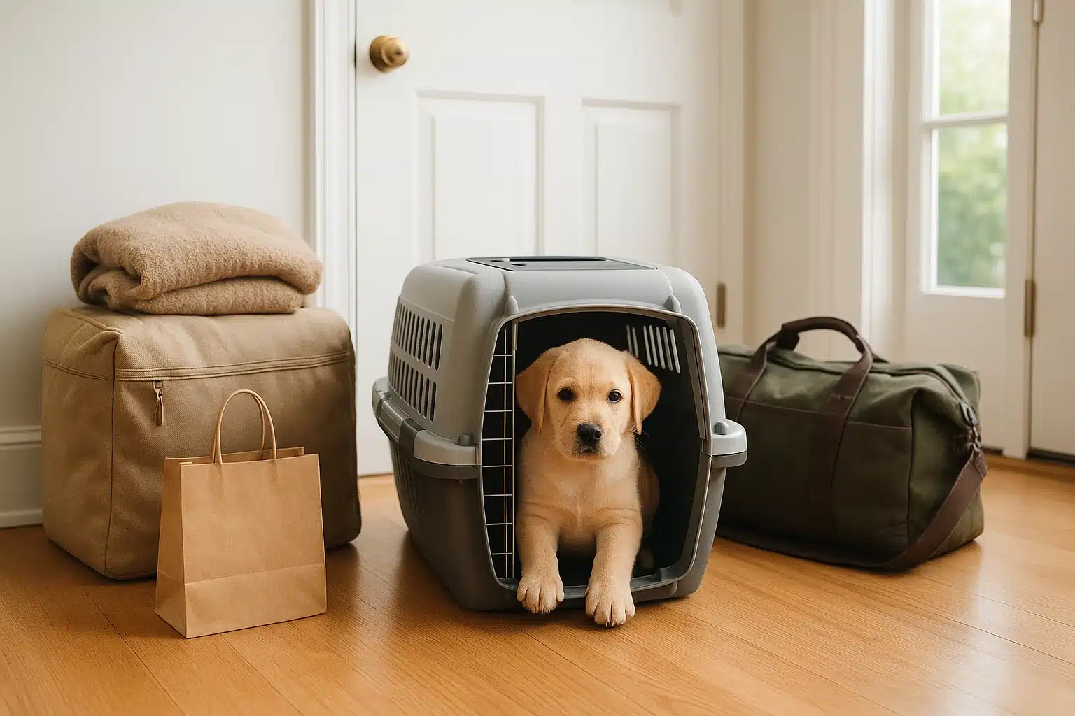 Puppy travel crate beside packed supplies at entryway