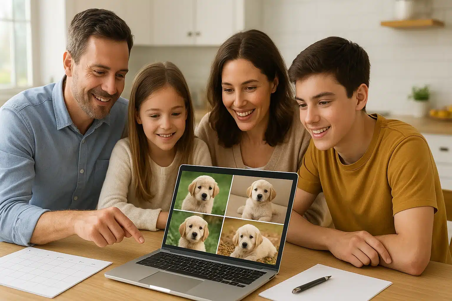 Family reviewing puppy photos beside Nebraska kitchen calendar