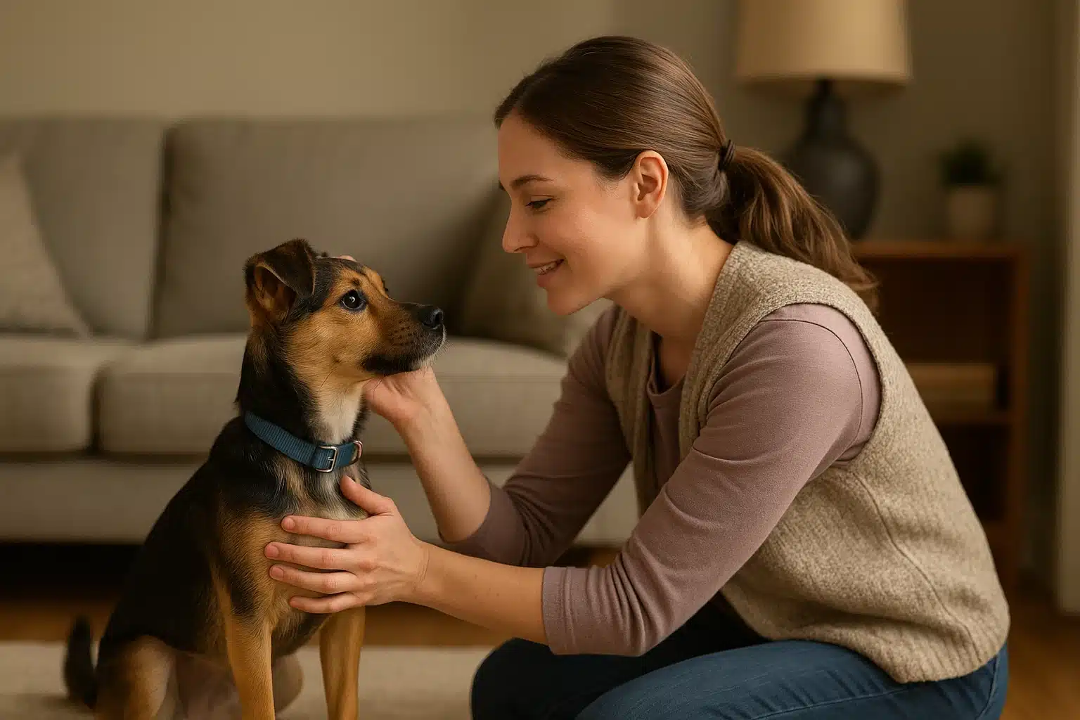 Rescue volunteer meeting small dog in foster home