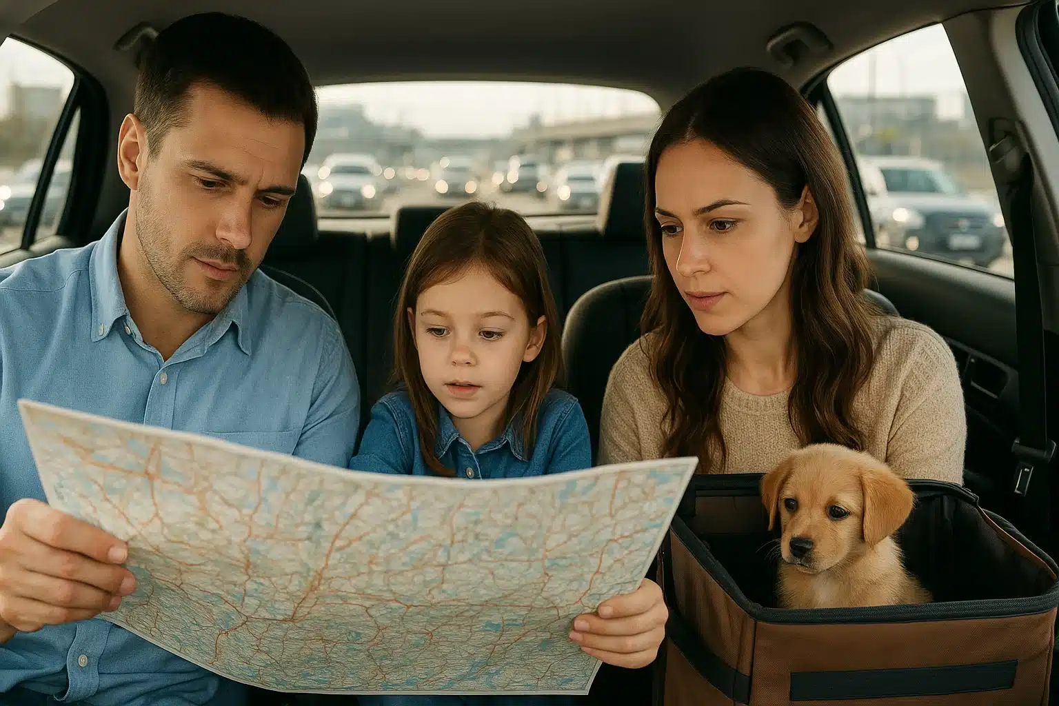 Family checking highway map beside secured puppy carrier