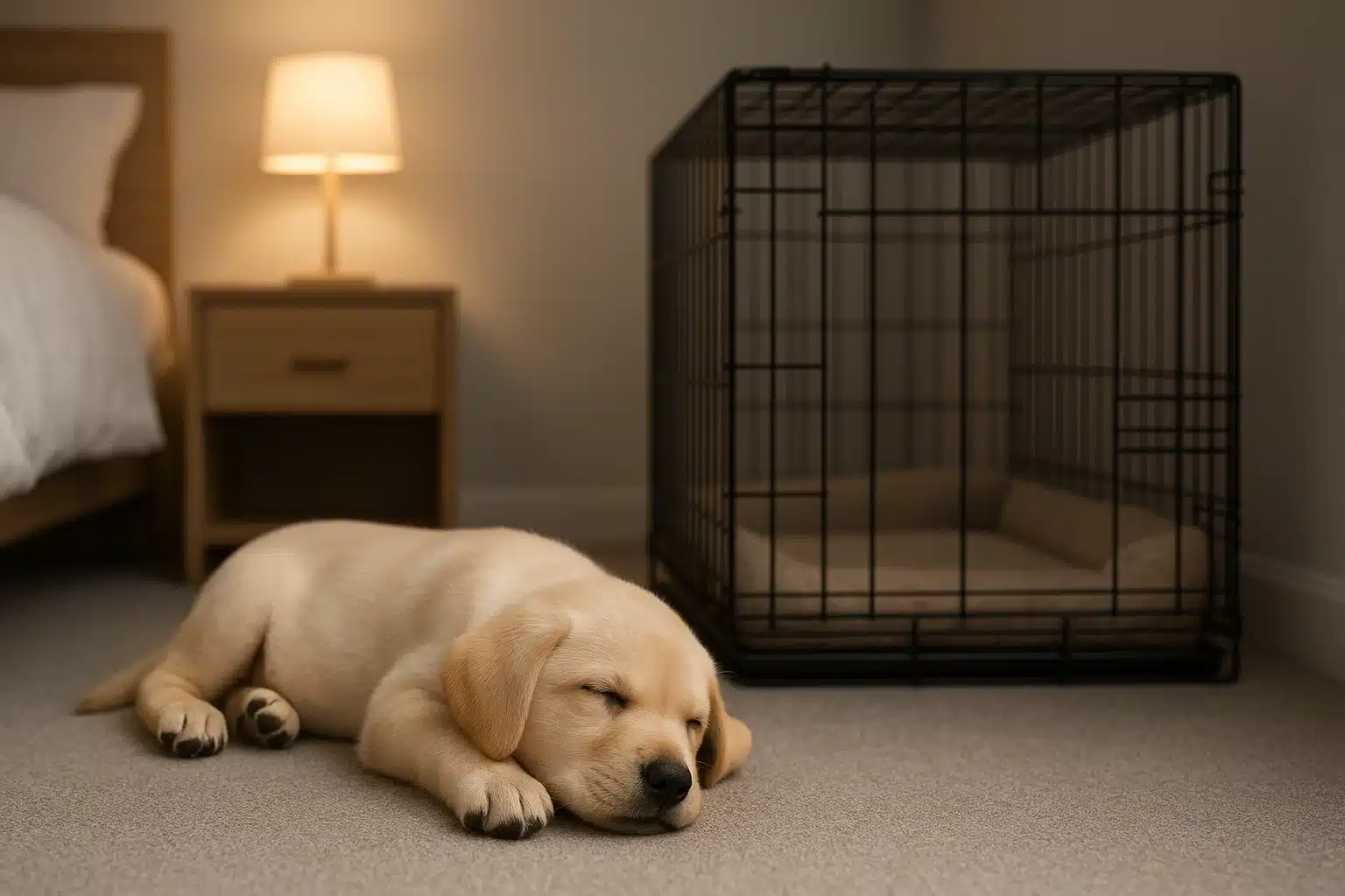 A puppy resting beside a softly lit crate