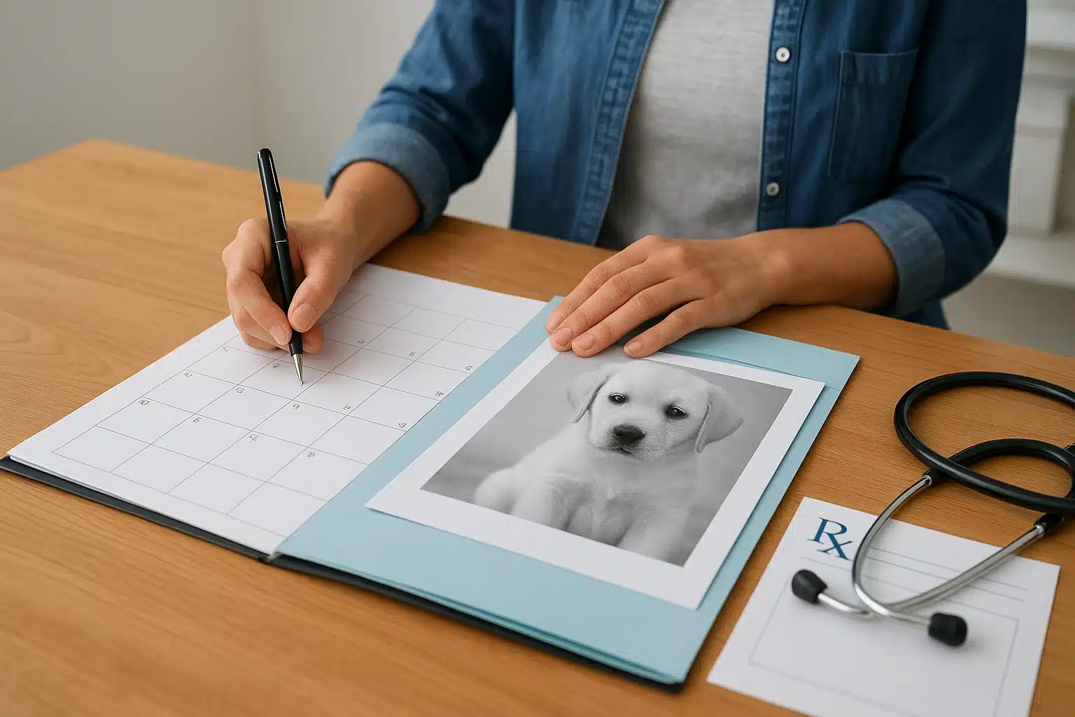 New Jersey parent organizing puppy medical records beside appointment calendar
