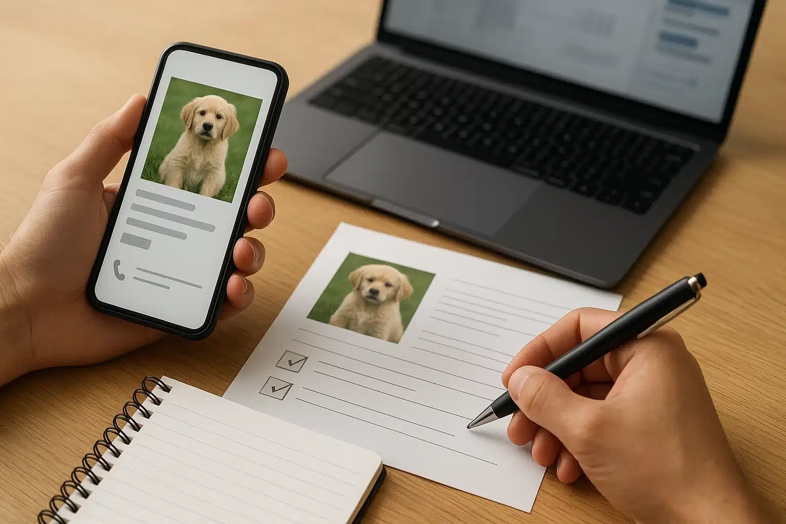 A buyer comparing breeder contact details on a checklist