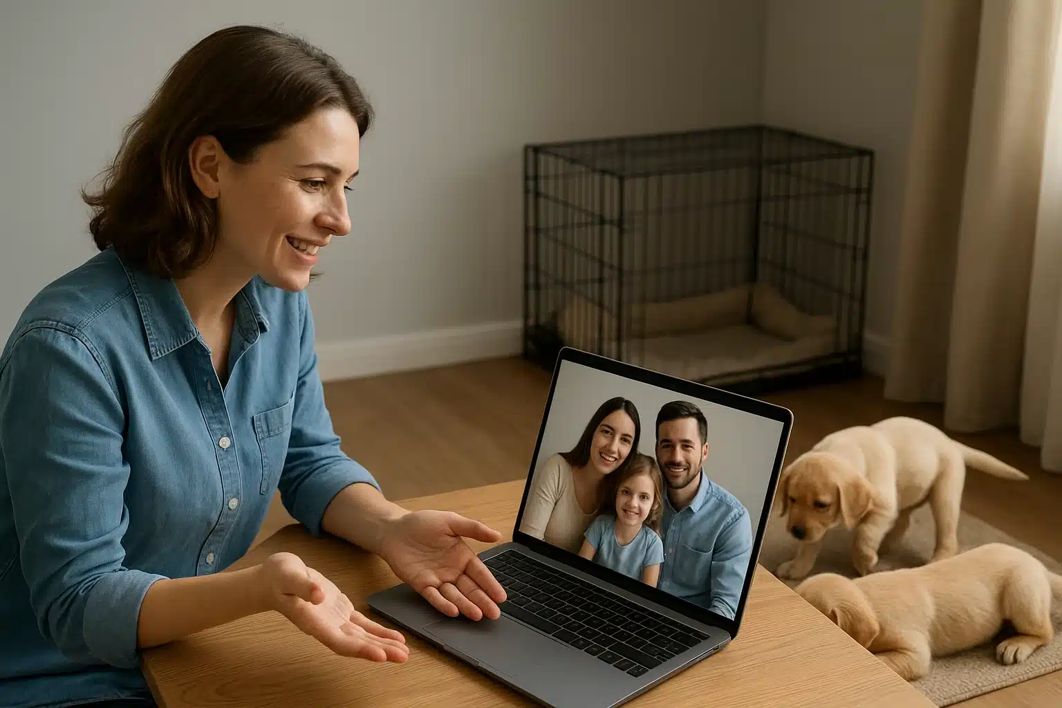 A breeder video calls with a family while puppies play nearby