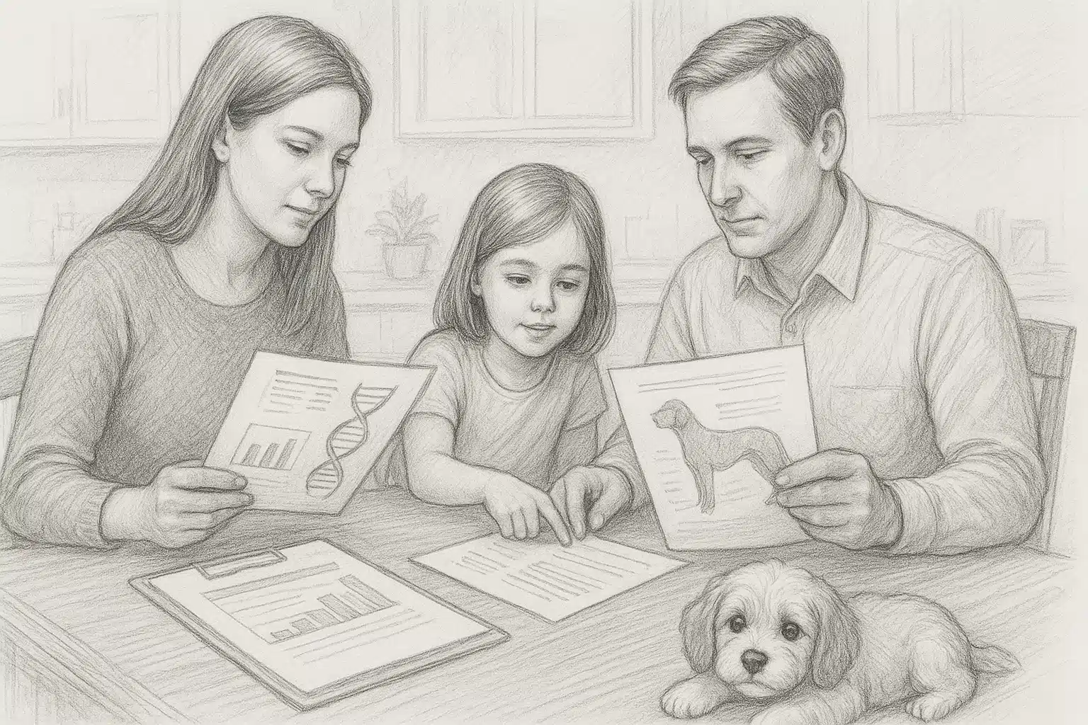 Family reviewing canine health screening reports