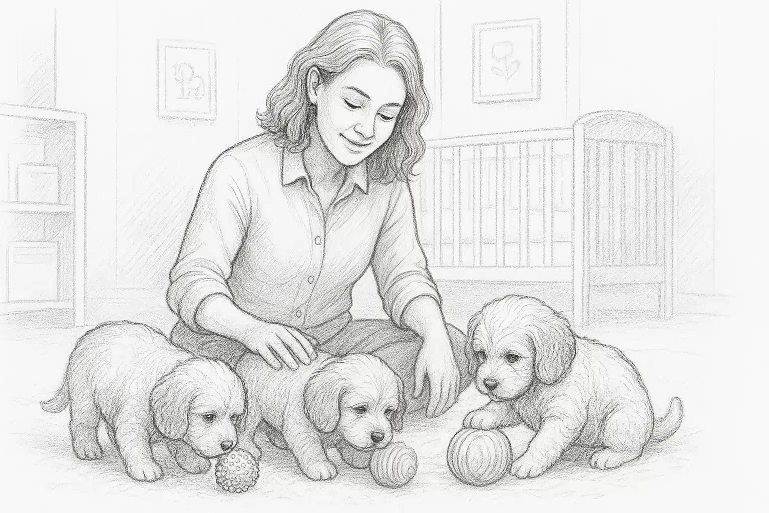 Cavapoo puppies exploring textured toys beside breeder