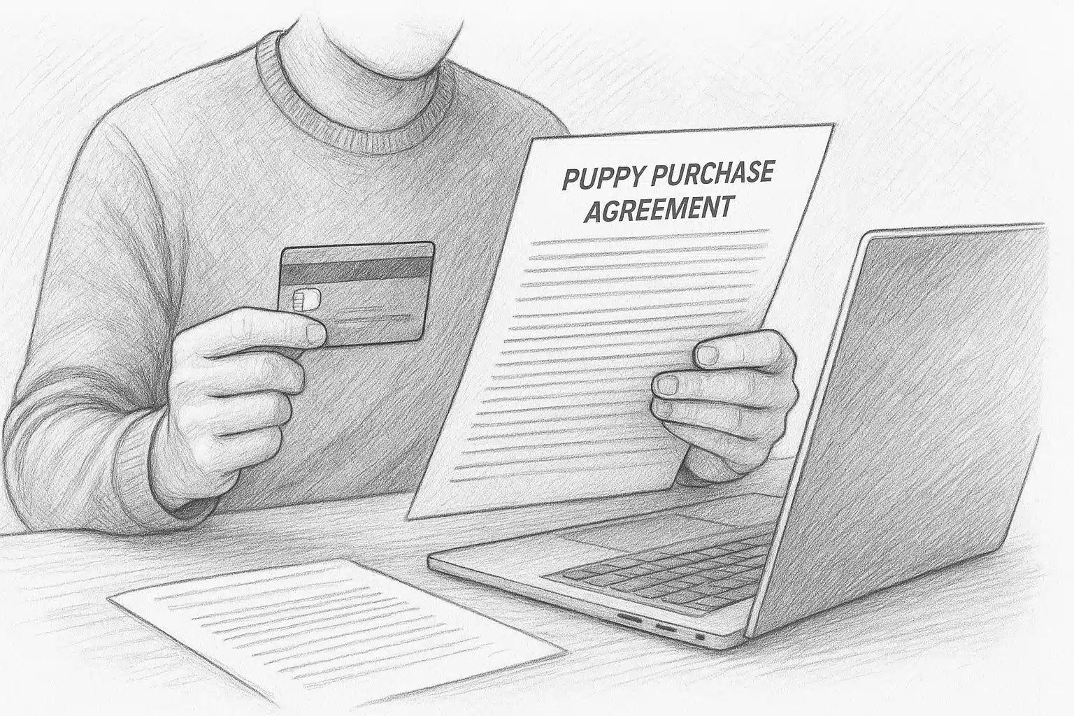 A buyer reviews a puppy contract beside a laptop