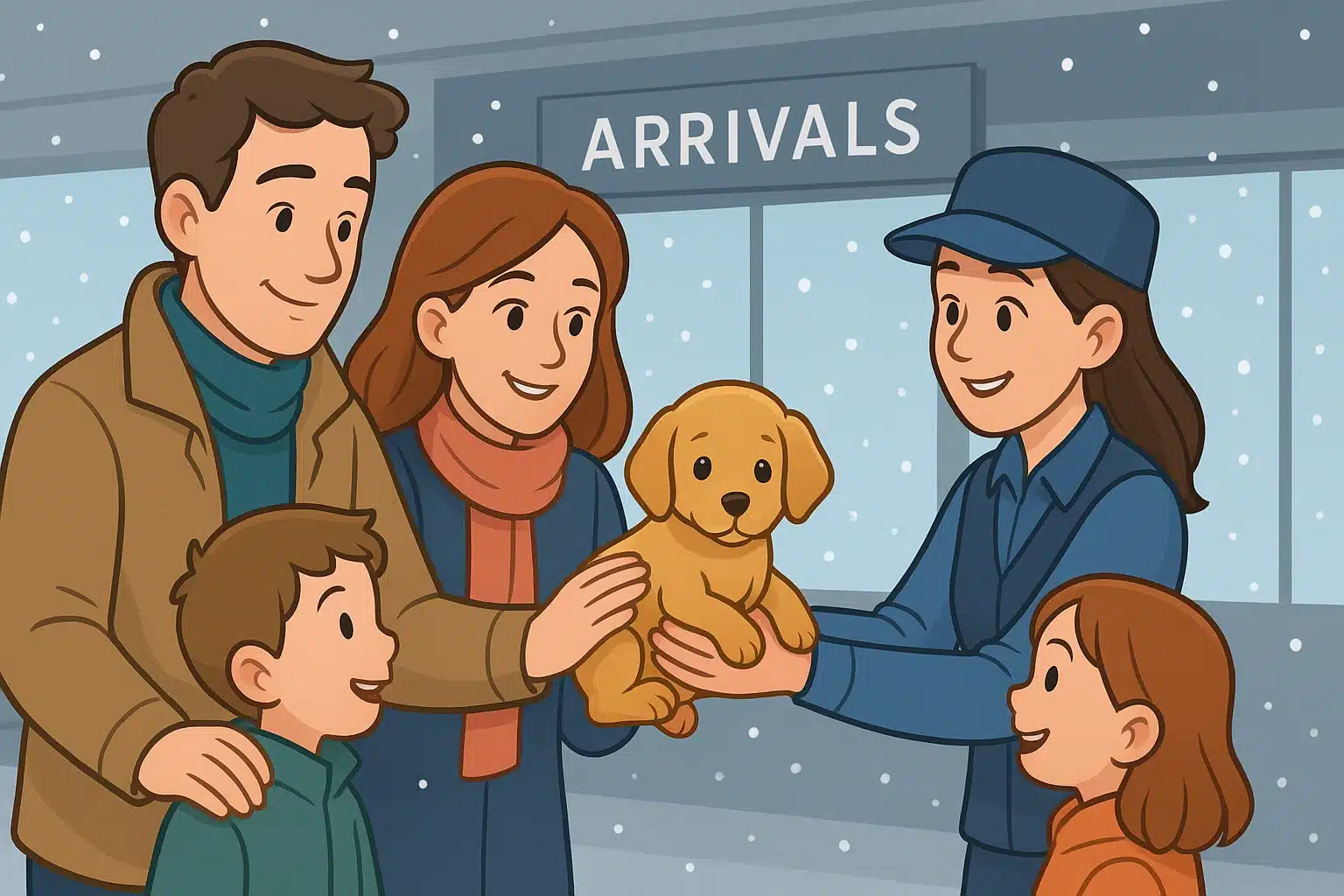 Family receiving puppy at snowy airport arrivals