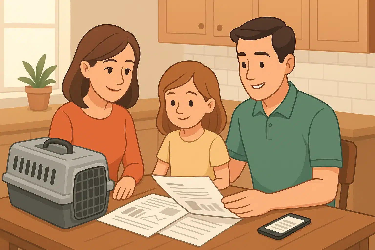 Family reviewing puppy health papers at kitchen table