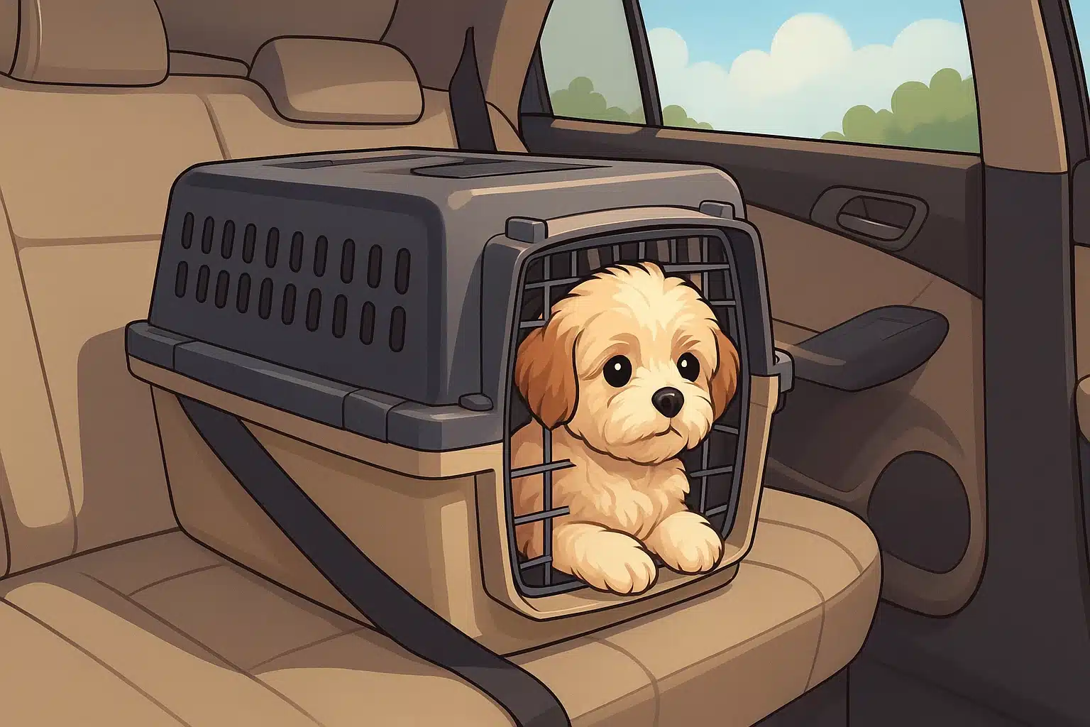 Havapoo resting in secured carrier on back seat