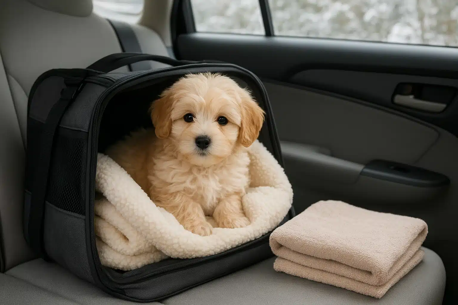 Fleece-lined carrier holding a cozy puppy in snowy car
