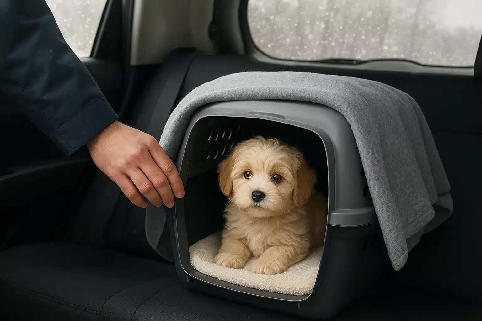 Adjusting rear vent beside covered puppy carrier