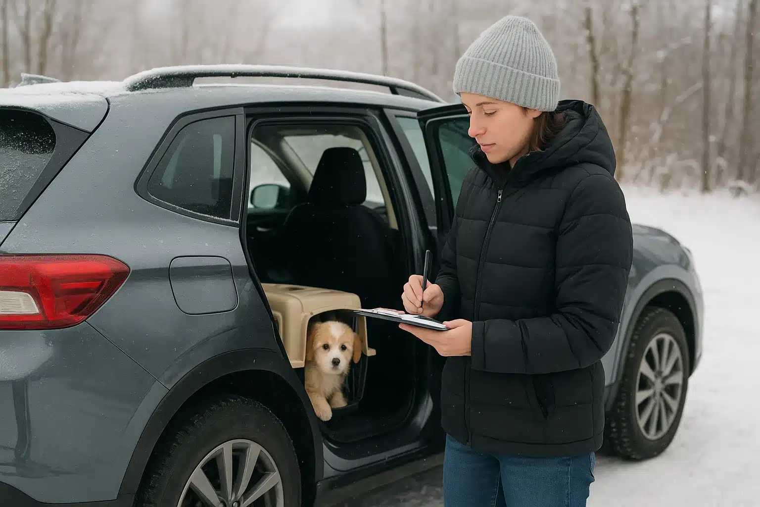 Family member reviewing puppy notes beside snowy car