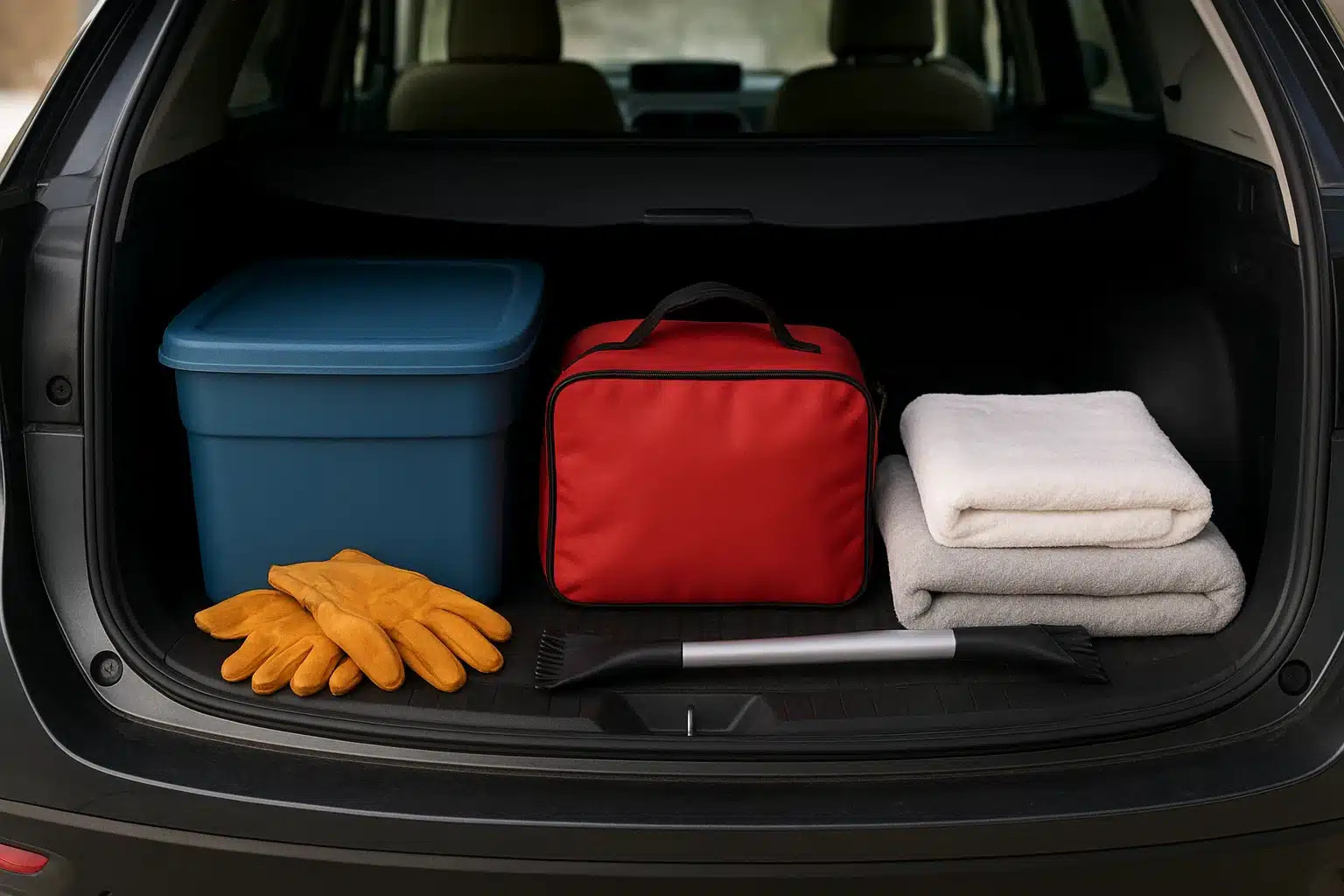 Open trunk with winter kit beside puppy blanket