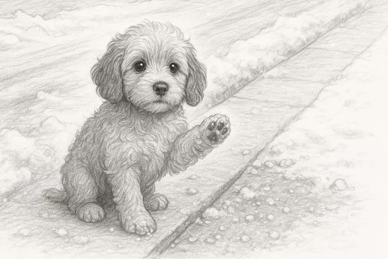 Pencil sketch of Cavapoo lifting paw near salted snow