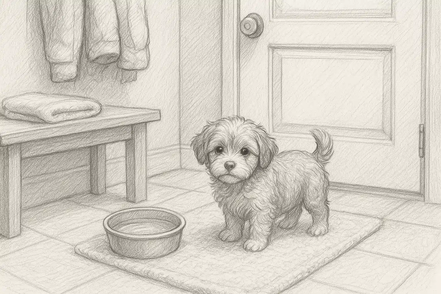 Havanese puppy drying paws by entryway station