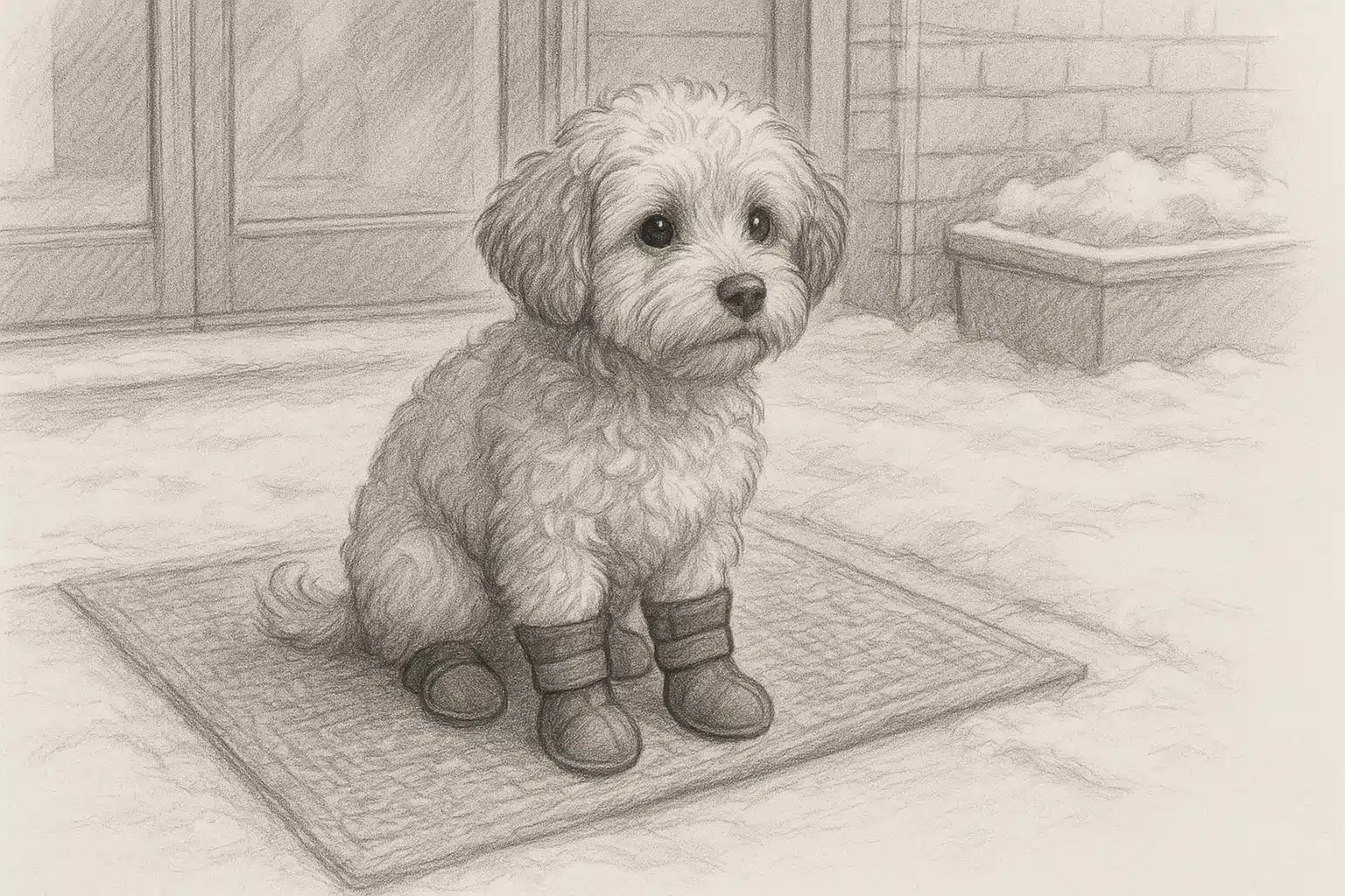 Havapoo puppy in booties by snowy mat