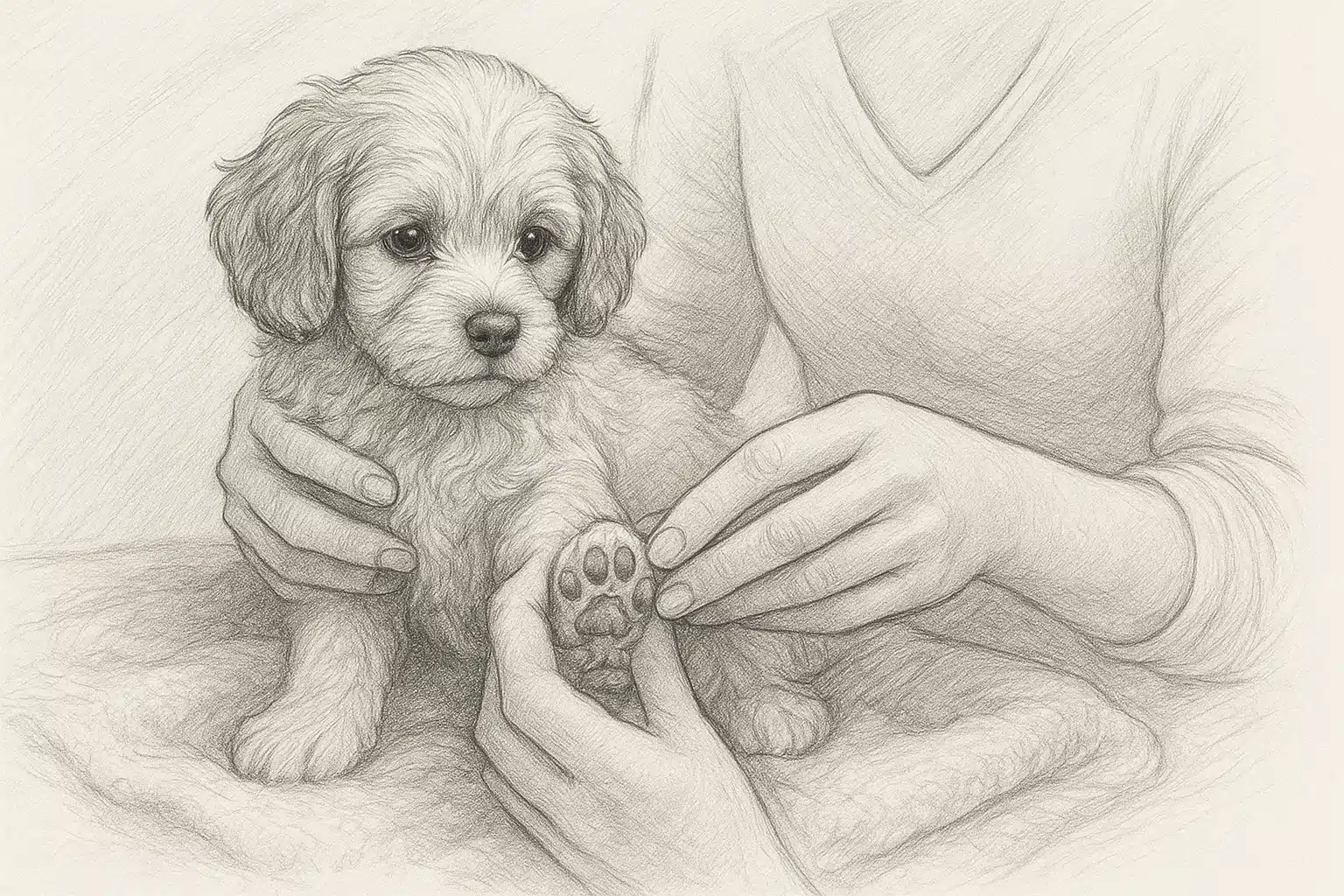 Owner examining puppy paw on fleece blanket