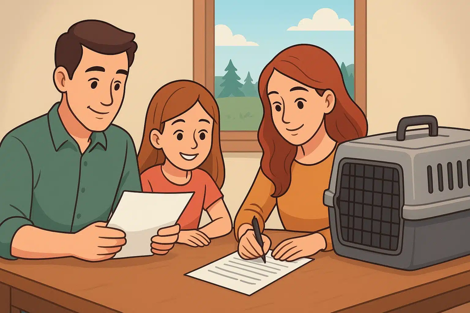 Family reviewing puppy pickup checklist beside travel crate