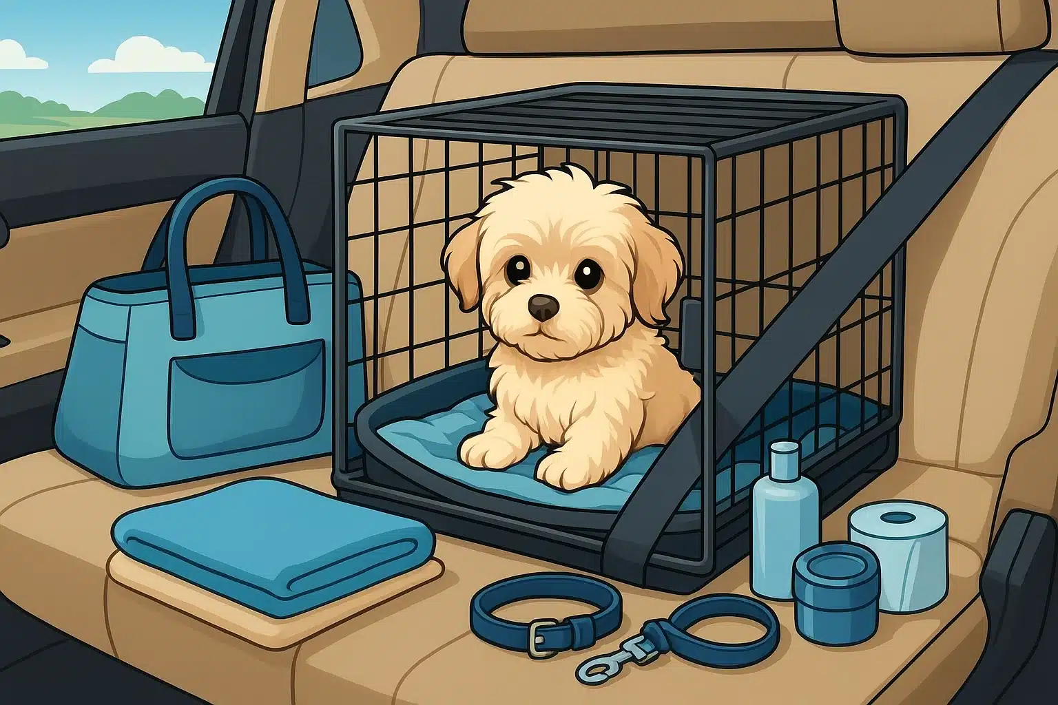 Havanese puppy resting in secured travel crate