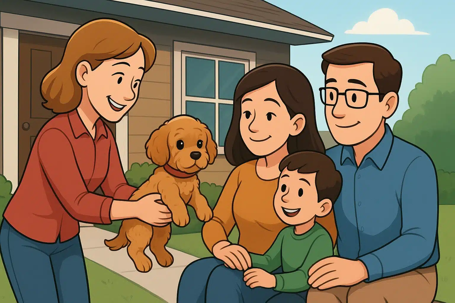 Breeder handing Cavapoo to seated family