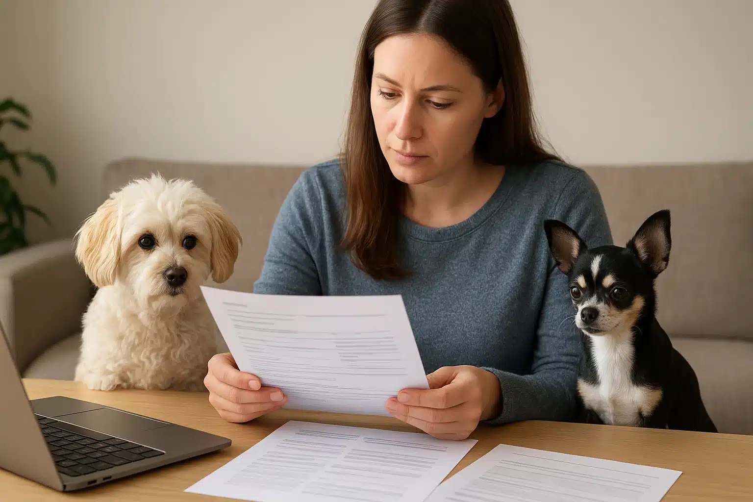 Breeder reviewing health certificates beside two dogs