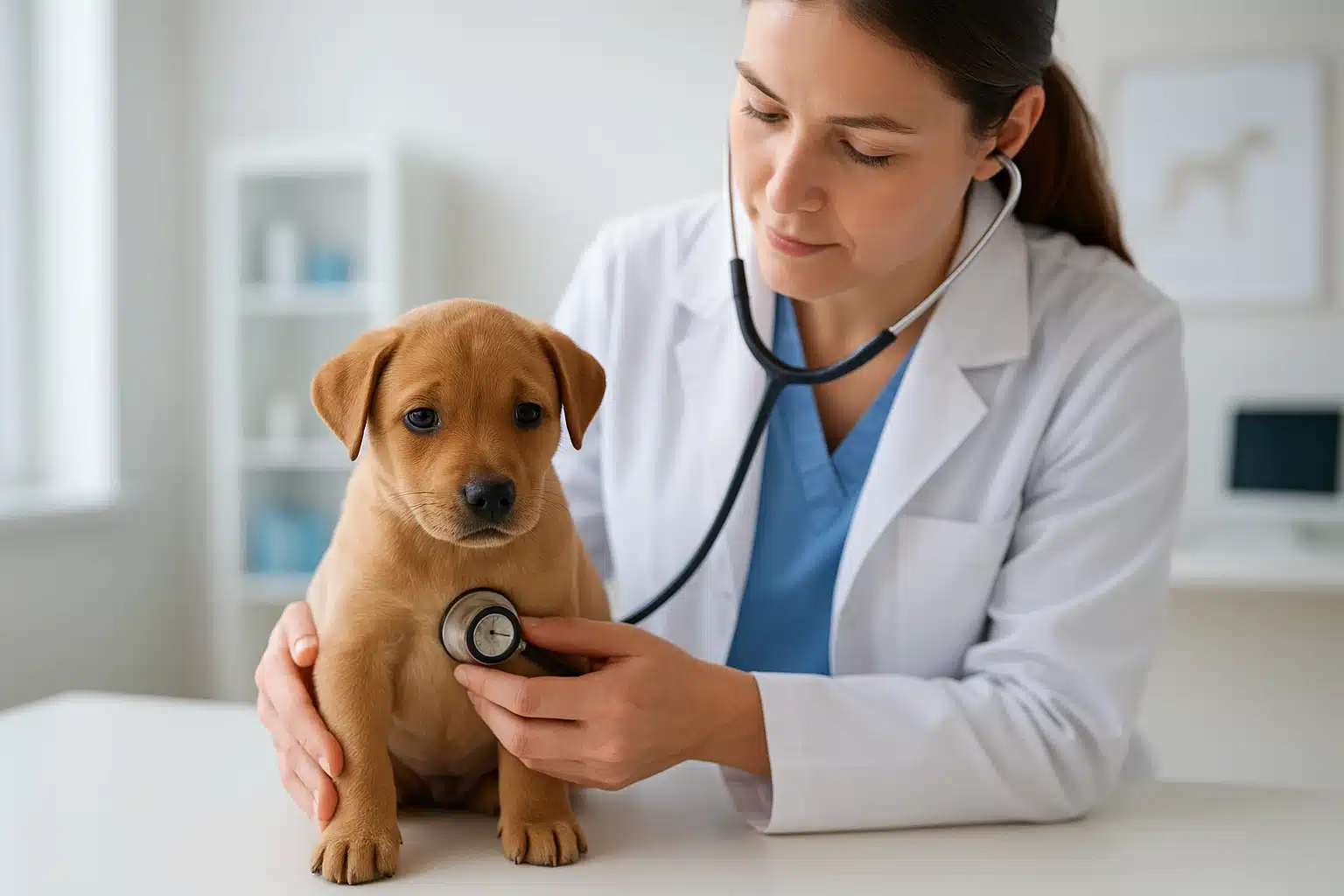 Veterinarian examining puppy on clinic table