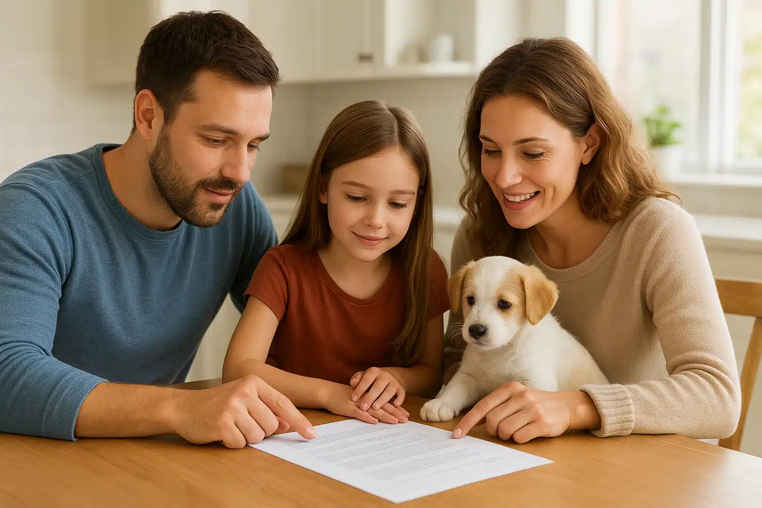 Family reviewing puppy contract at kitchen table