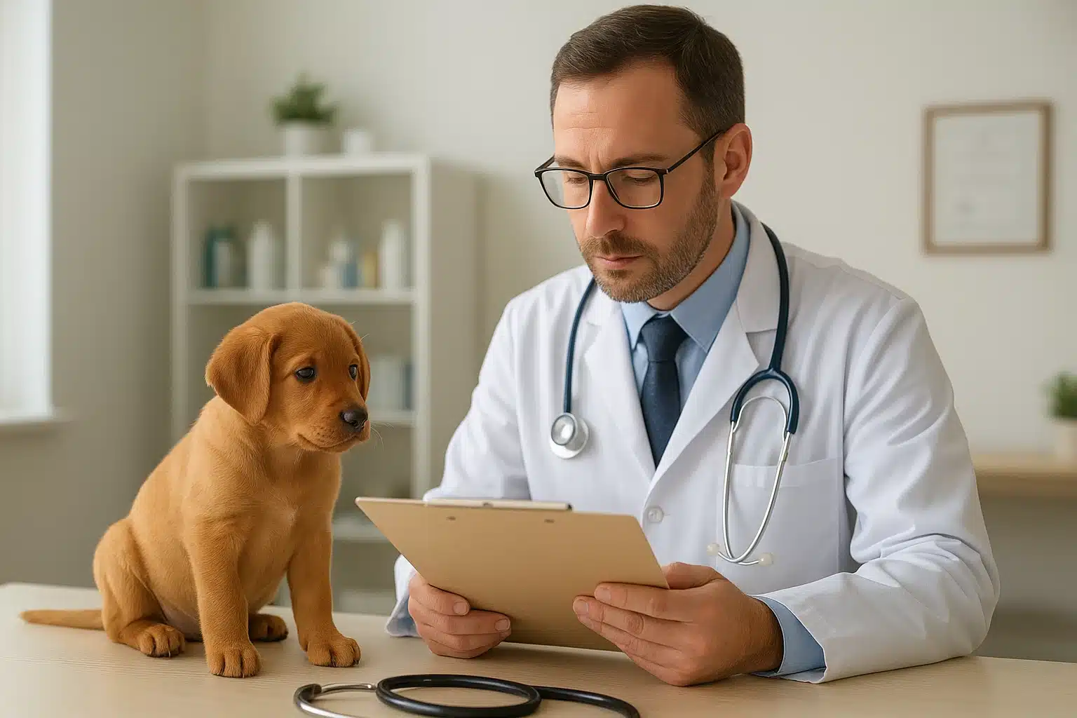 Veterinarian reviewing puppy care folder beside stethoscope
