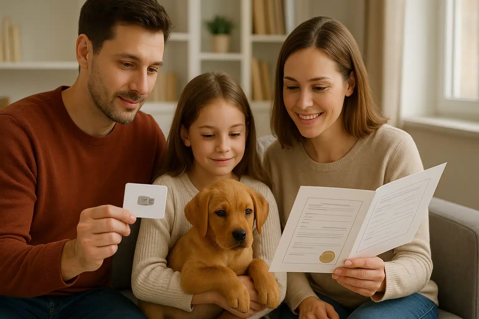Family reviewing puppy microchip registration documents