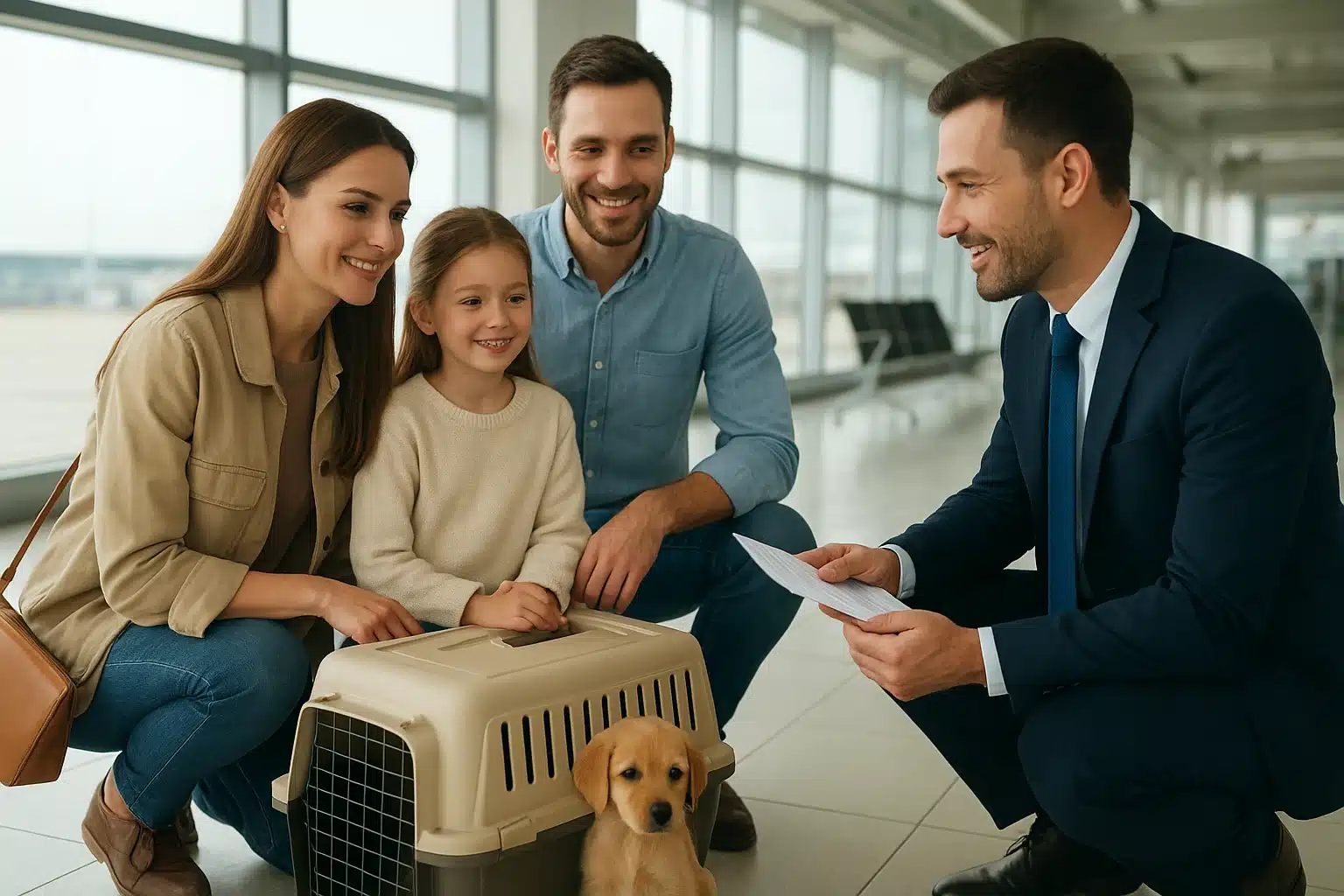 Airport pickup with breeder handing over puppy crate
