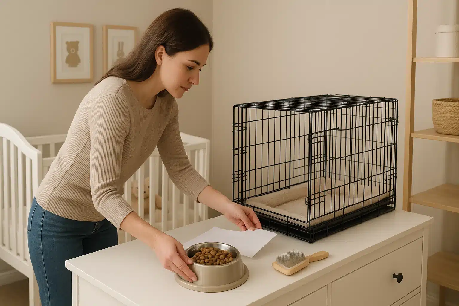 Quiet nursery setup with puppy essentials arranged