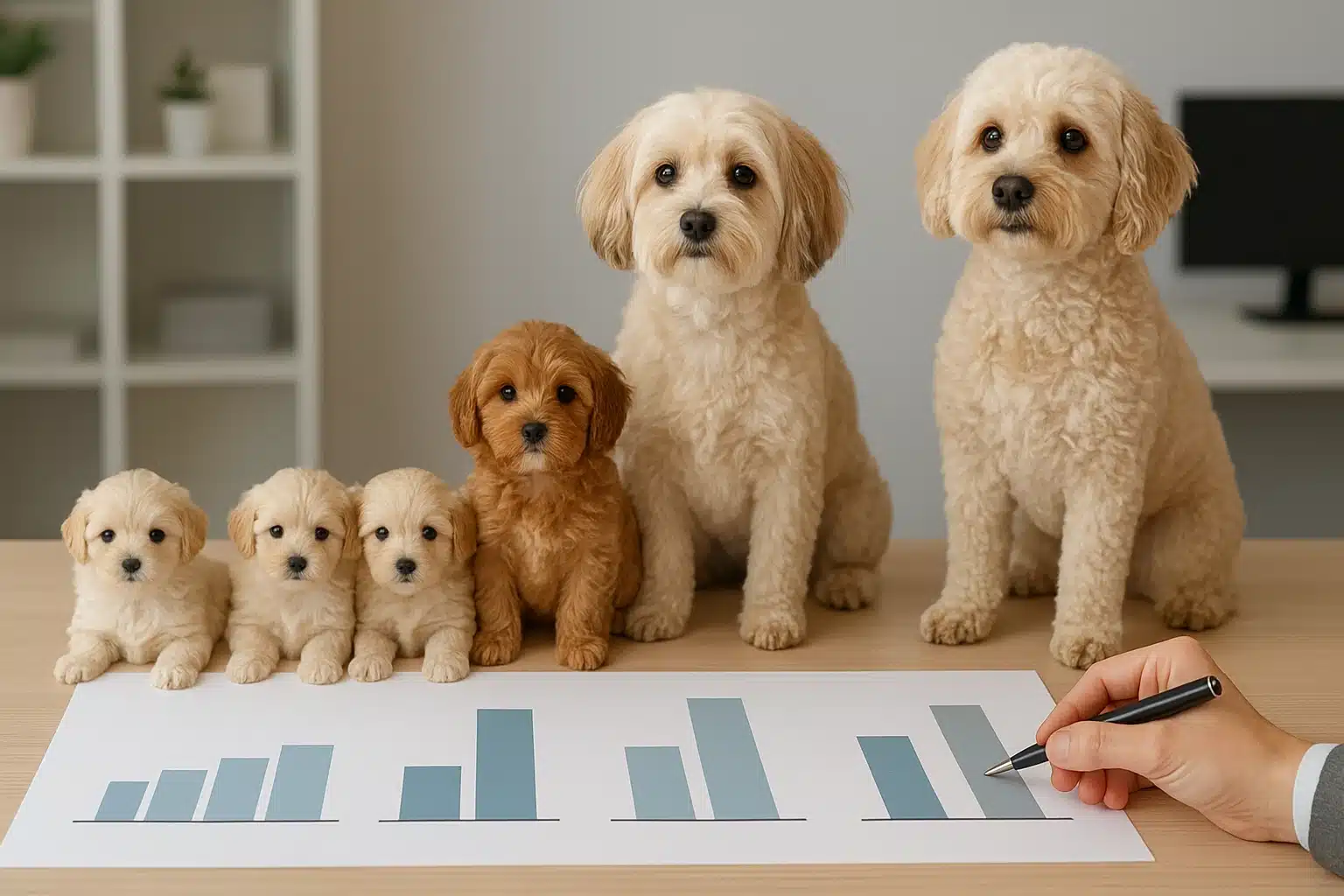 Three small puppies beside a measuring tape
