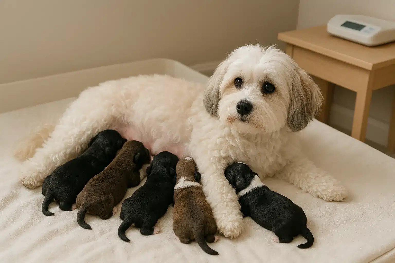 Illustration of a cream-colored adult dog lying beside five nursing puppies